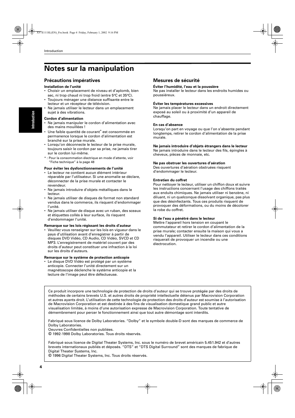 Précautions impératives, Mesures de sécurité | JVC QP-111 User Manual | Page 58 / 156