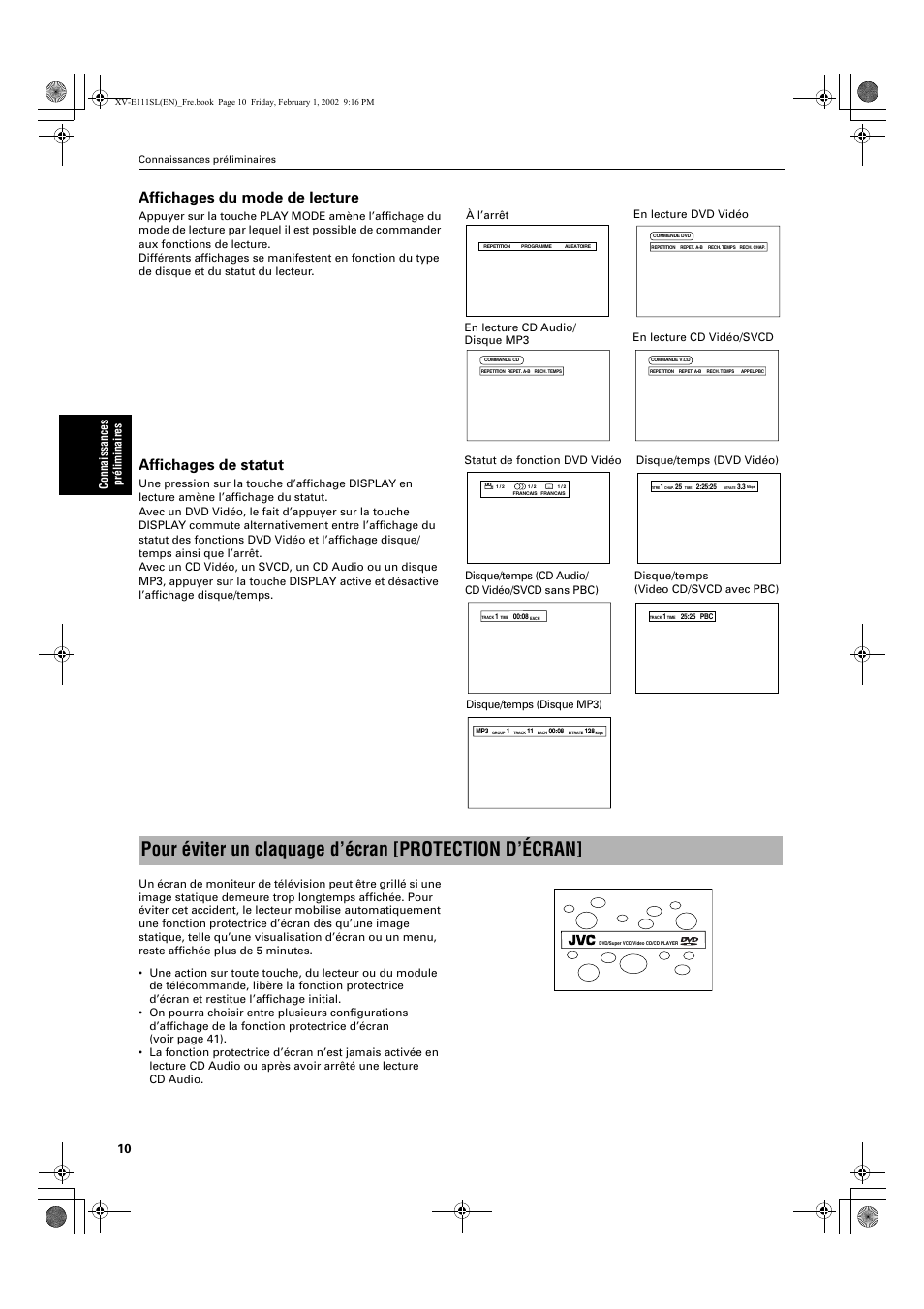 Affichages du mode de lecture, Affichages de statut | JVC QP-111 User Manual | Page 64 / 156