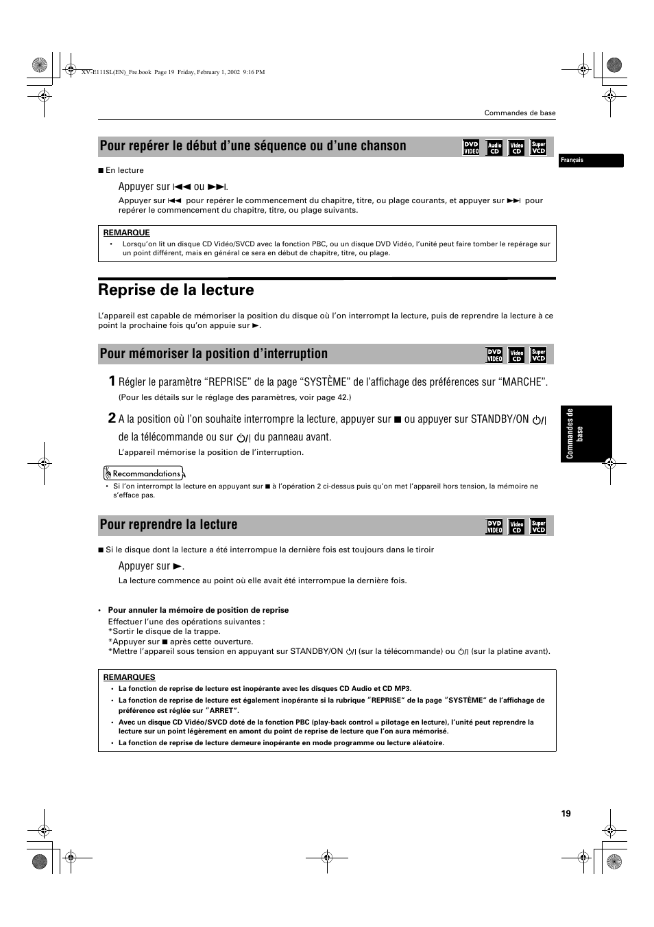 Reprise de la lecture | JVC QP-111 User Manual | Page 73 / 156