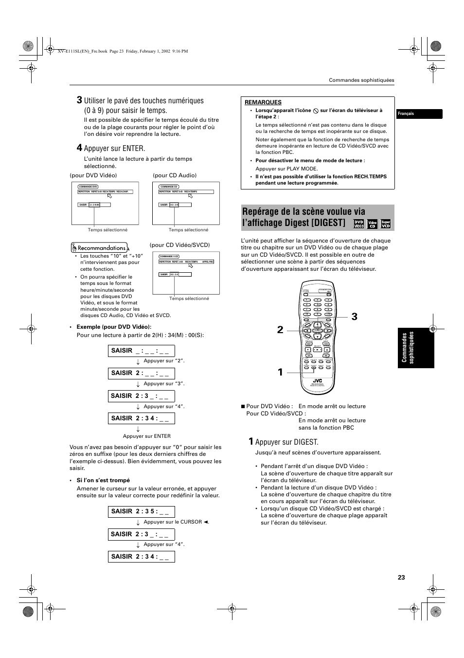 Appuyer sur enter, Appuyer sur digest | JVC QP-111 User Manual | Page 77 / 156