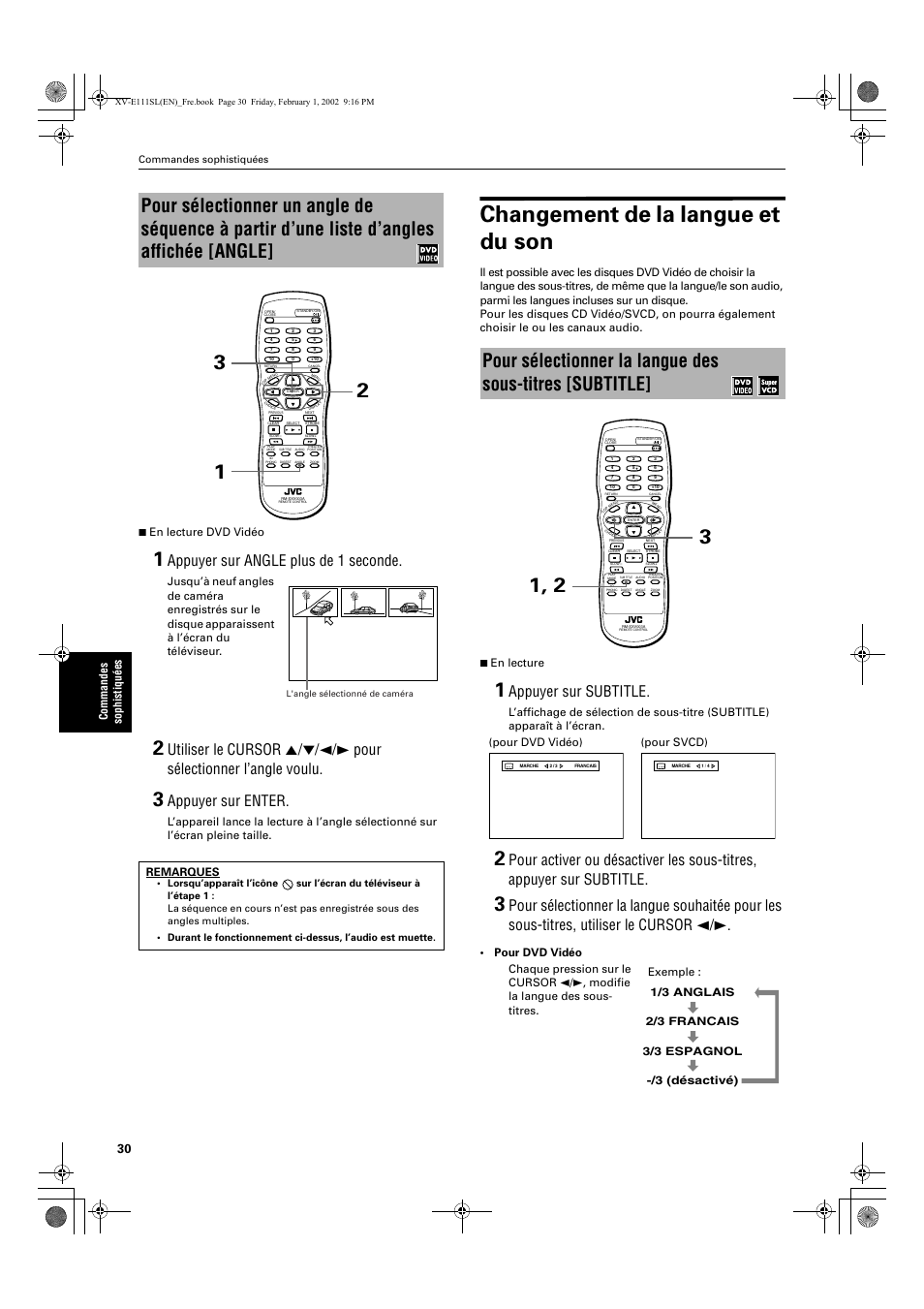 Changement de la langue et du son, Appuyer sur angle plus de 1 seconde, Appuyer sur enter | Appuyer sur subtitle, Commandes sophistiqu é es 7 en lecture dvd vidéo, Remarques | JVC QP-111 User Manual | Page 84 / 156