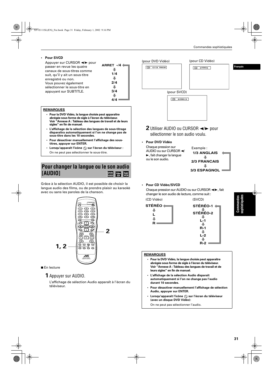 Pour changer la langue ou le son audio [audio, Appuyer sur audio | JVC QP-111 User Manual | Page 85 / 156