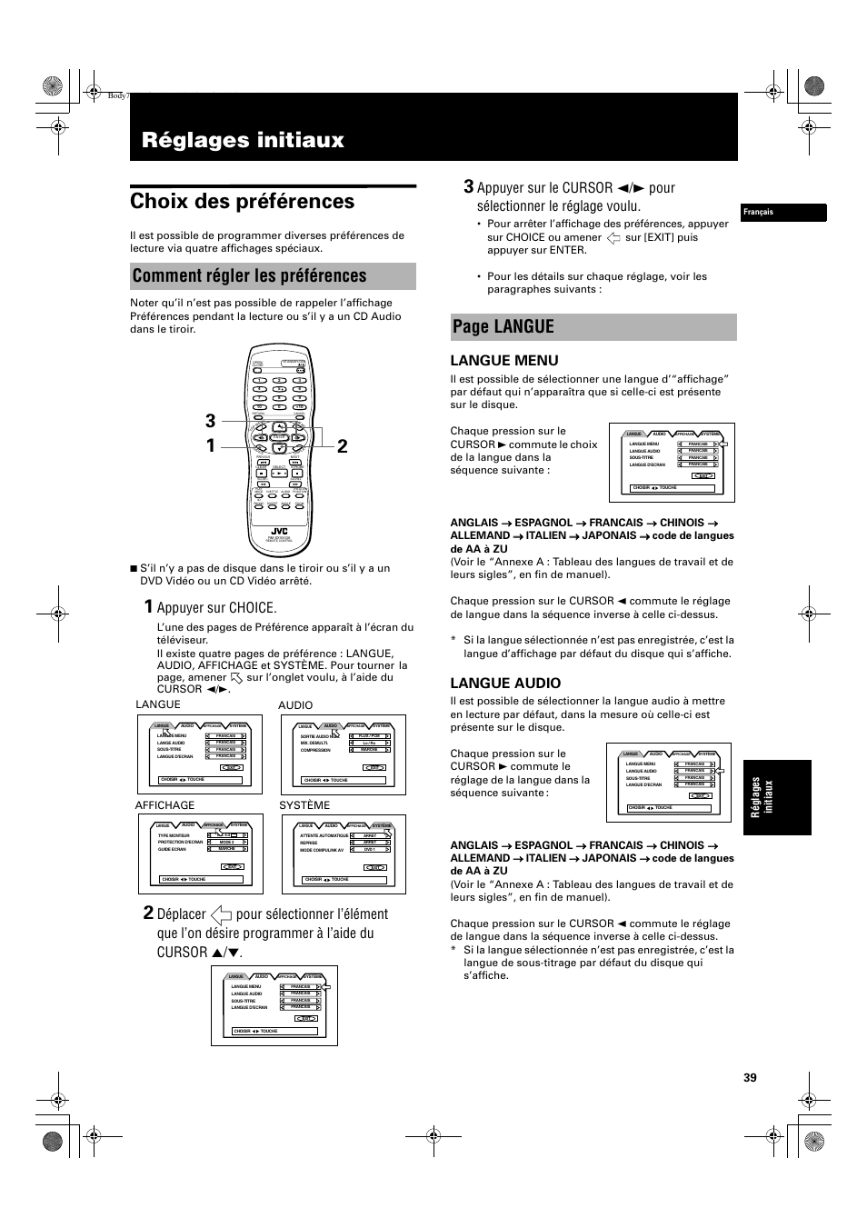 Réglages initiaux choix des préférences, Comment régler les préférences, Page langue | Appuyer sur choice, Langue menu, Langue audio, Rég lages ini tiaux, Langue audio affichage système | JVC QP-111 User Manual | Page 93 / 156