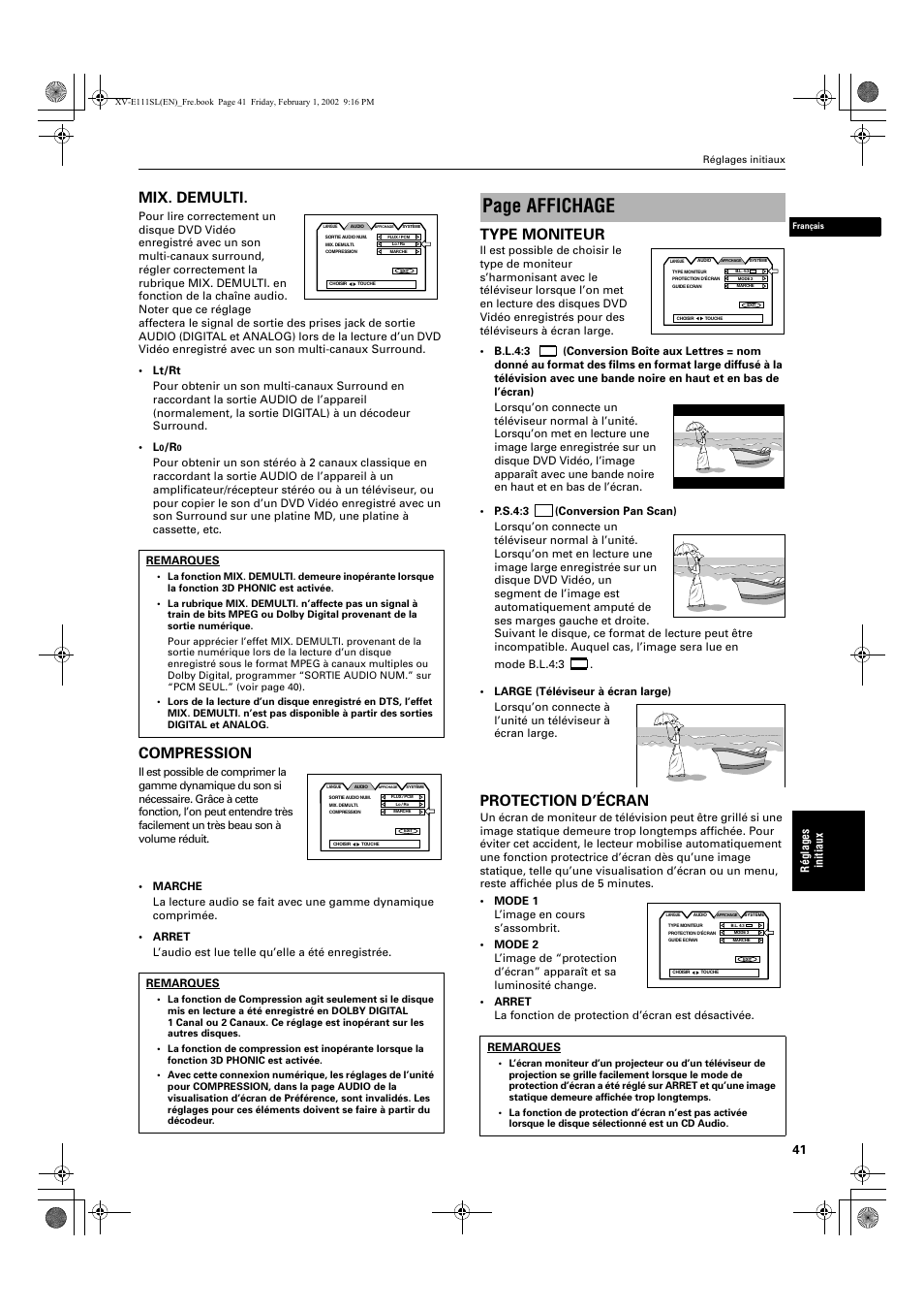 Page affichage, Mix. demulti, Compression | Type moniteur, Protection d’écran | JVC QP-111 User Manual | Page 95 / 156