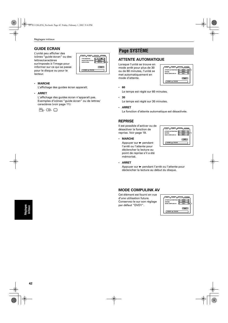 Page système, Guide ecran, Attente automatique | Reprise, Mode compulink av, Ré glages ini tiau x | JVC QP-111 User Manual | Page 96 / 156