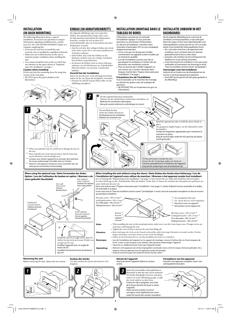 Installation (in-dash mounting), Einbau (im armaturenbrett), Installation (montage dans le tableau de bord) | Installatie (inbouw in het dashboard) | JVC KD-AVX77 User Manual | Page 2 / 6