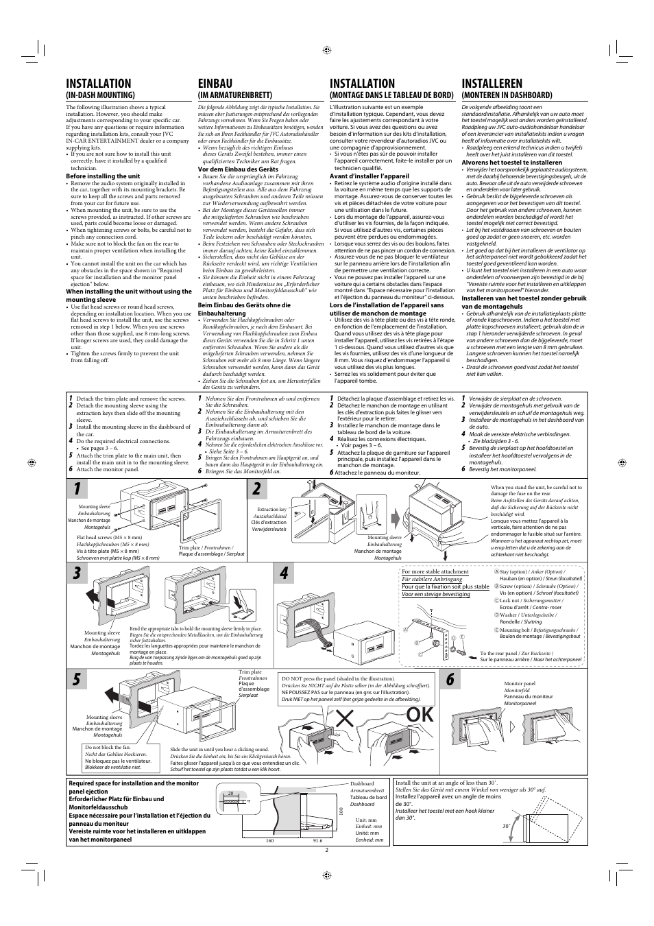 Installation (in-dash mounting), Installation, Installeren | Einbau, In-dash mounting), Montage dans le tableau de bord), Monteren in dashboard), Im armaturenbrett) | JVC KW-AV71BT User Manual | Page 2 / 6