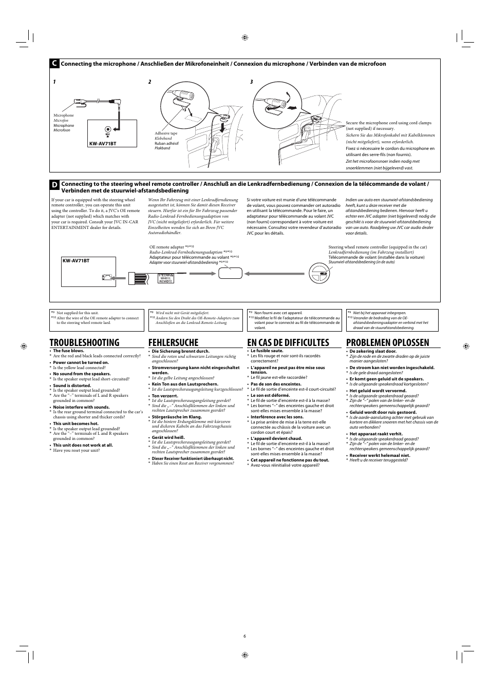 Connecting the microphone, Connecting to the steering wheel remote controller, Troubleshooting | En cas de difficultes, Fehlersuche, Problemen oplossen | JVC KW-AV71BT User Manual | Page 6 / 6