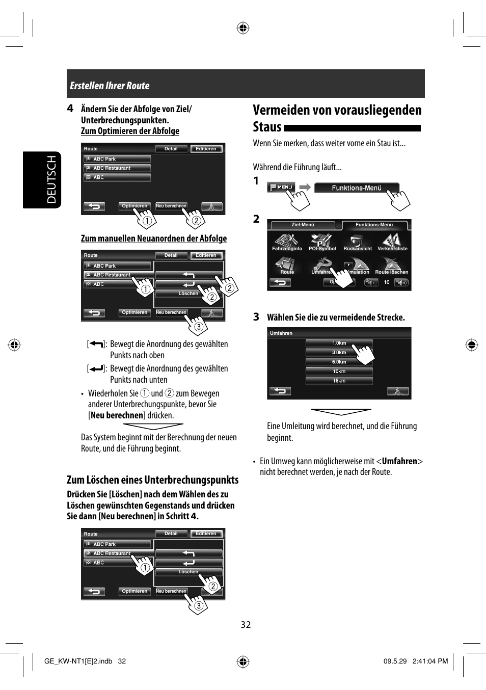 Vermeiden von vorausliegenden staus, Deutsch 4, Zum löschen eines unterbrechungspunkts | Erstellen ihrer route | JVC KW-NT1 User Manual | Page 124 / 275