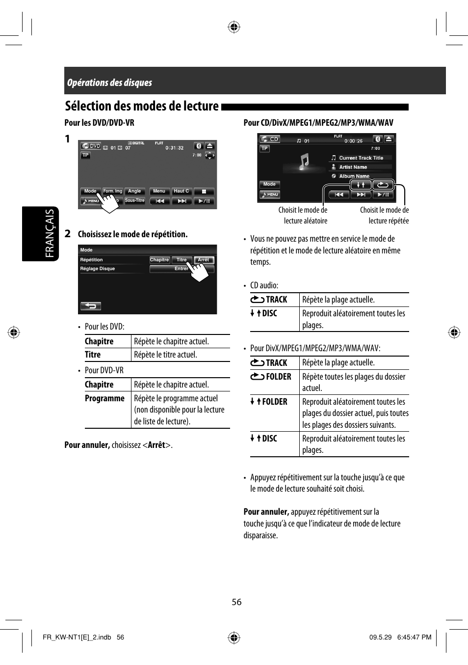 Sélection des modes de lecture, Français, Opérations des disques | JVC KW-NT1 User Manual | Page 238 / 275