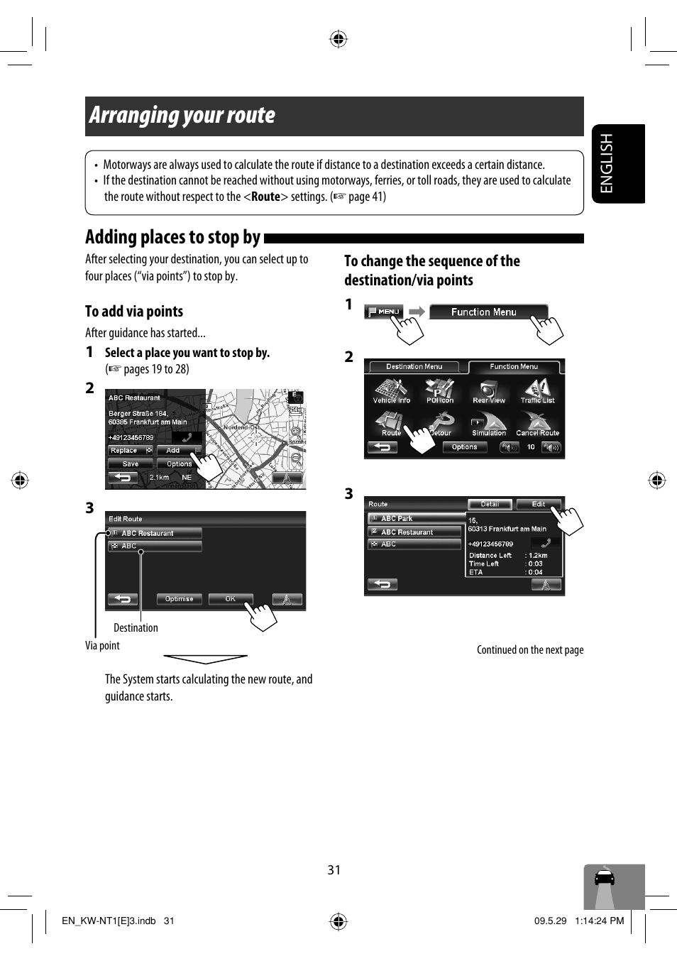 Arranging your route, Adding places to stop by | JVC KW-NT1 User Manual | Page 33 / 275