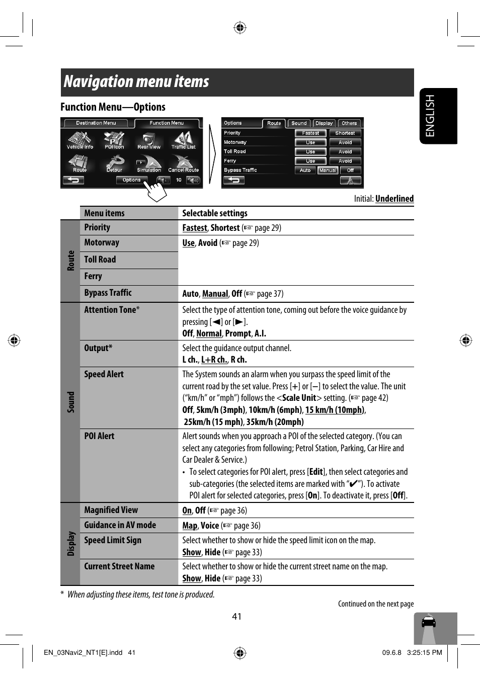 Navigation menu items, English function menu —options | JVC KW-NT1 User Manual | Page 43 / 275