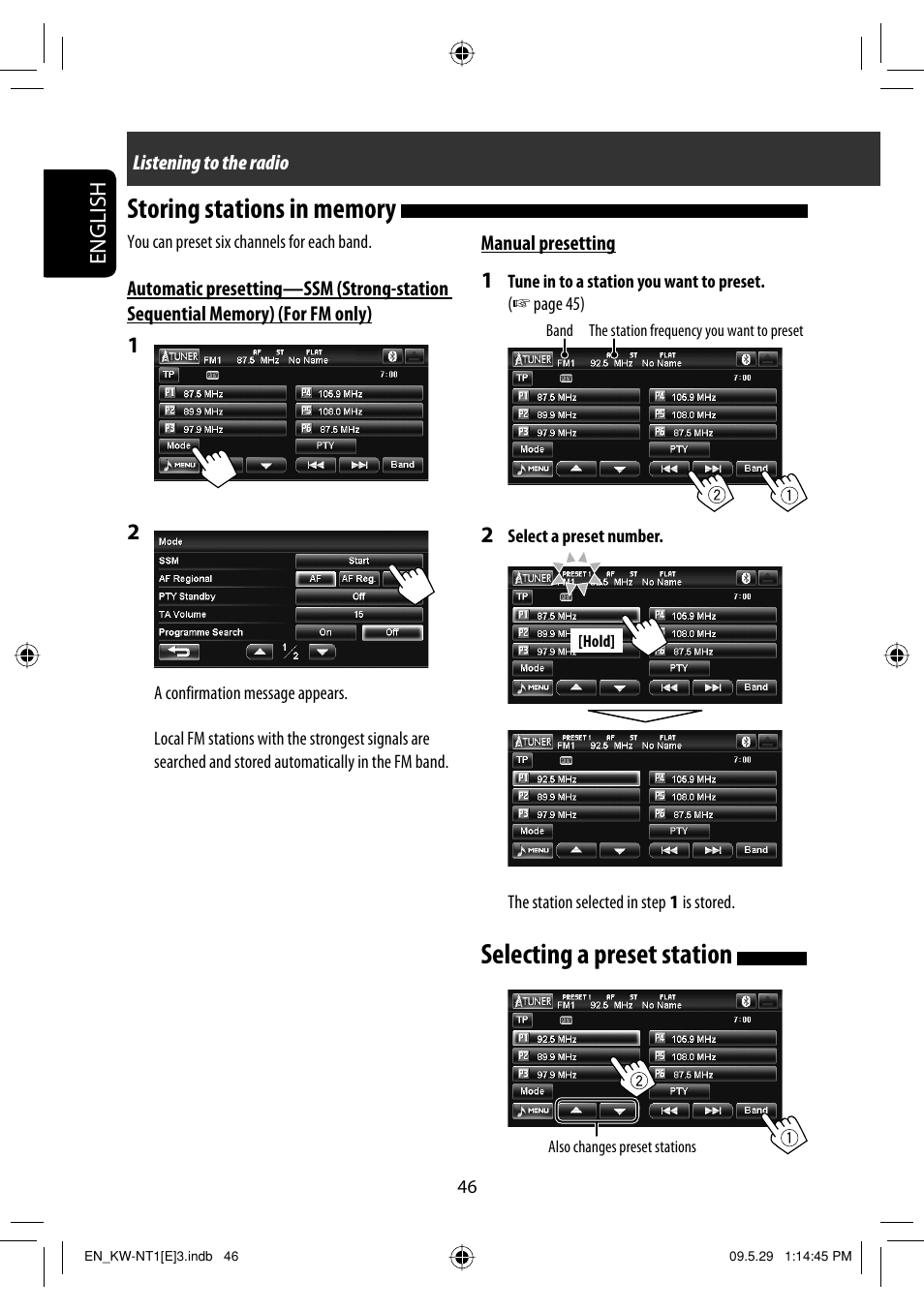 Storing stations in memory, Selecting a preset station, English | JVC KW-NT1 User Manual | Page 48 / 275