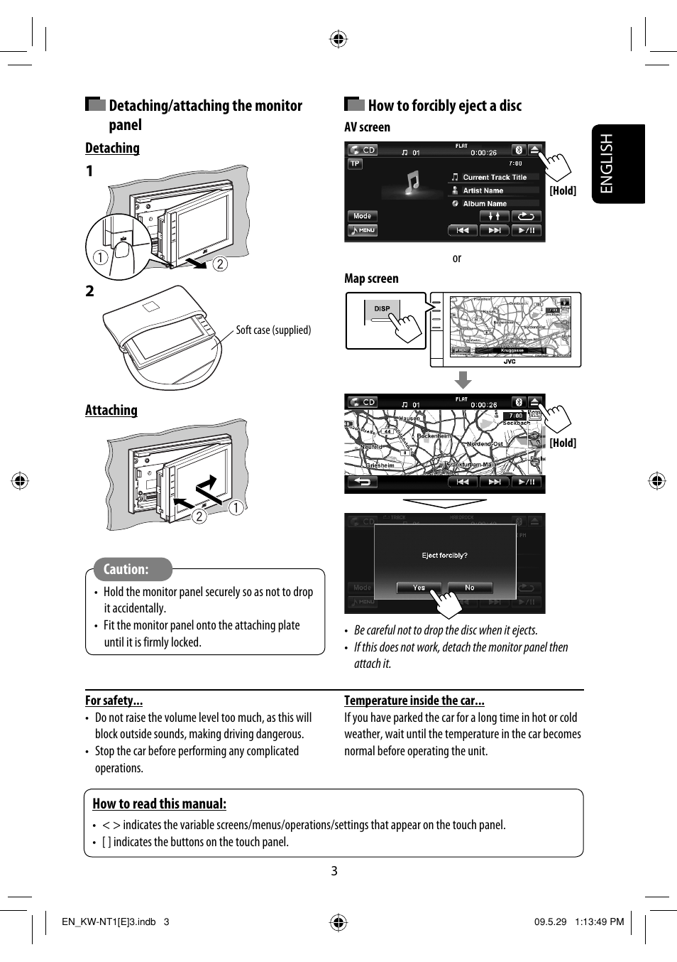 Detaching/attaching the monitor panel, How to forcibly eject a disc, English | JVC KW-NT1 User Manual | Page 5 / 275