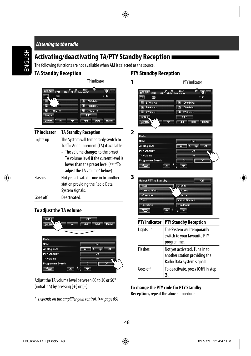 Activating/deactivating ta/pty standby reception, English, Ta standby reception | Pty standby reception 1 | JVC KW-NT1 User Manual | Page 50 / 275