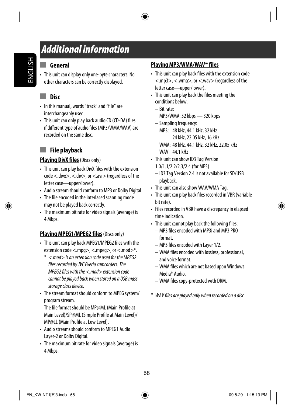 Additional information, English, General | Disc, File playback | JVC KW-NT1 User Manual | Page 70 / 275