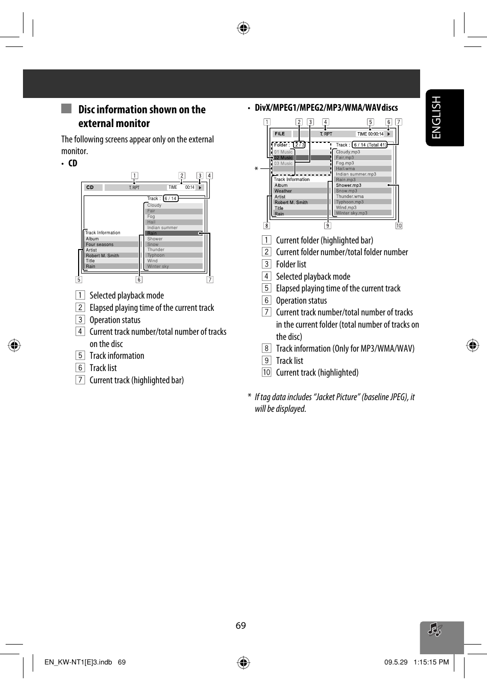 English, Disc information shown on the external monitor | JVC KW-NT1 User Manual | Page 71 / 275