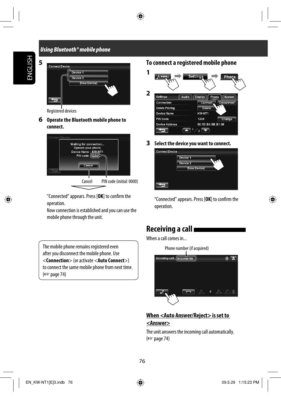 Receiving a call, English | JVC KW-NT1 User Manual | Page 78 / 275