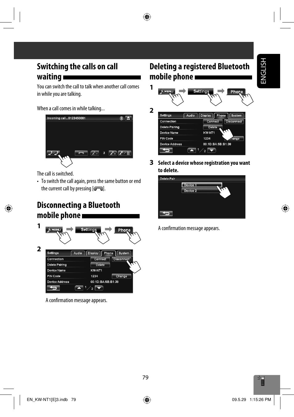 Switching the calls on call waiting, Disconnecting a bluetooth mobile phone, Deleting a registered bluetooth mobile phone | JVC KW-NT1 User Manual | Page 81 / 275