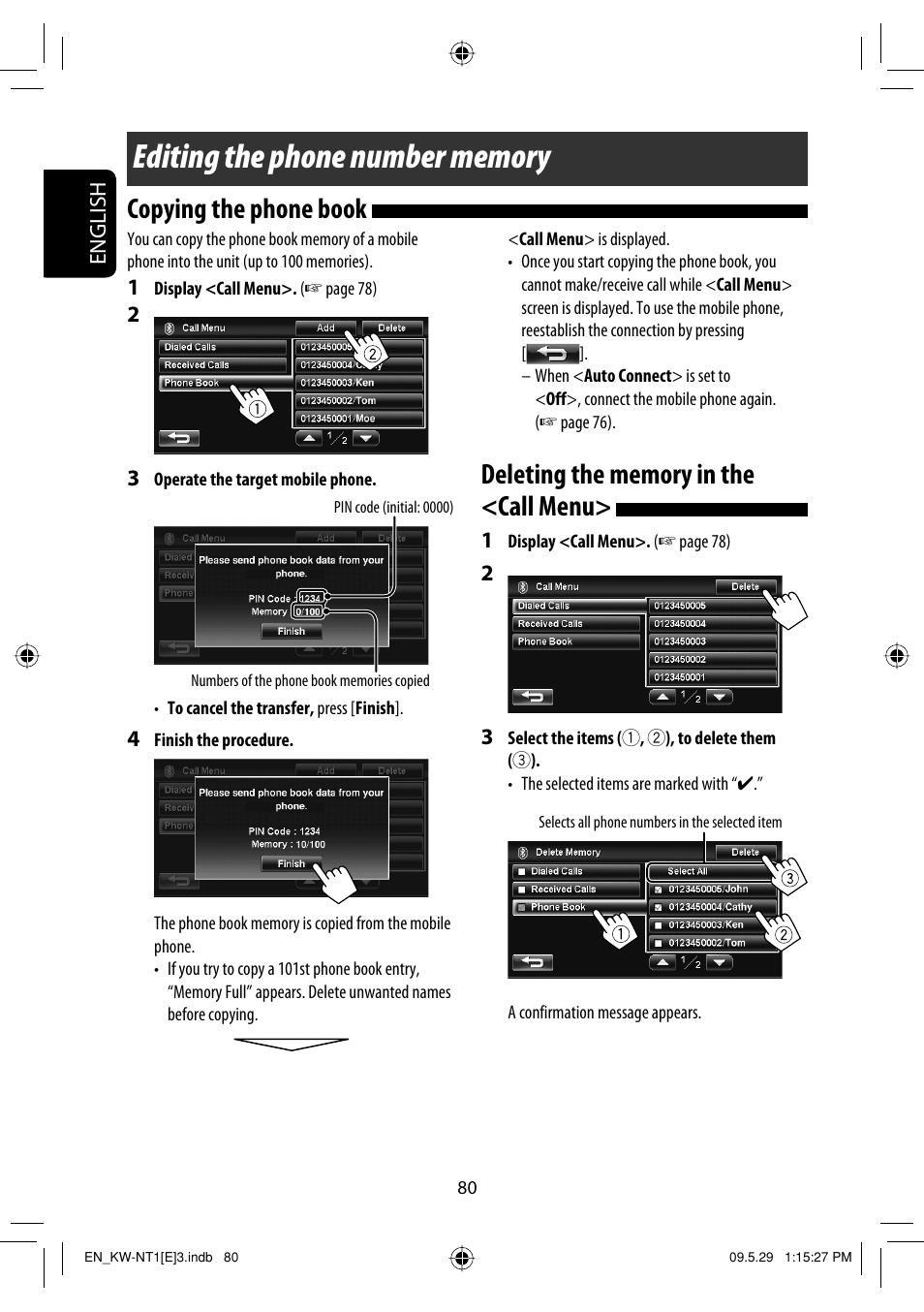 Editing the phone number memory, Copying the phone book, Deleting the memory in the <call menu | JVC KW-NT1 User Manual | Page 82 / 275