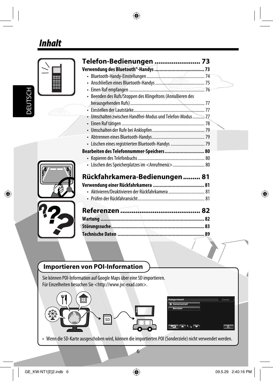 Inhalt, Telefon-bedienungen, Rückfahrkamera-bedienungen | Referenzen, Deutsch, Importieren von poi-information | JVC KW-NT1 User Manual | Page 98 / 275