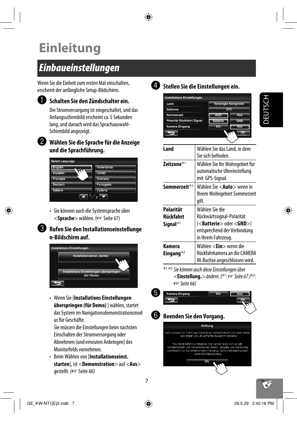 Einleitung, Einbaueinstellungen, Deutsch | Schalten sie den zündschalter ein, Stellen sie die einstellungen ein, Beenden sie den vorgang | JVC KW-NT1 User Manual | Page 99 / 275