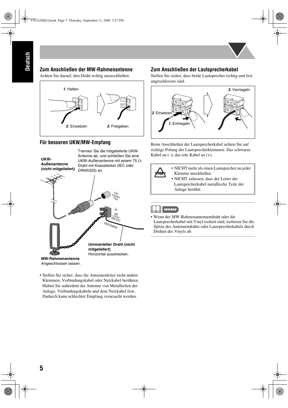 Deutsch, Zum anschließen der mw-rahmenantenne, Für besseren ukw/mw-empfang | Zum anschließen der lautsprecherkabel | JVC UX-G200 User Manual | Page 10 / 78