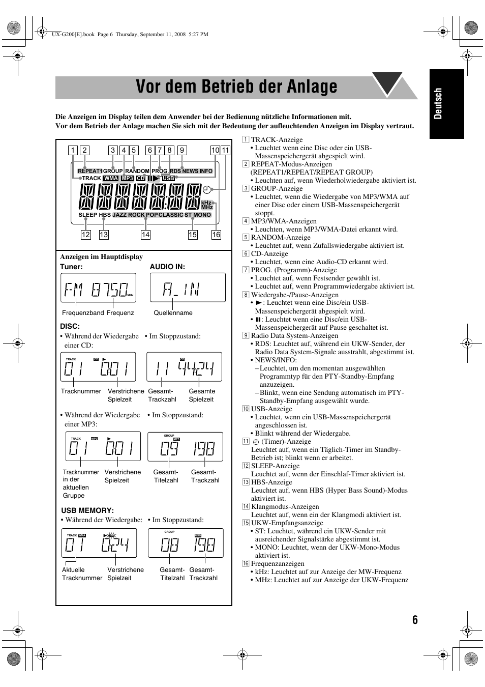 Vor dem betrieb der anlage, Deutsch | JVC UX-G200 User Manual | Page 11 / 78