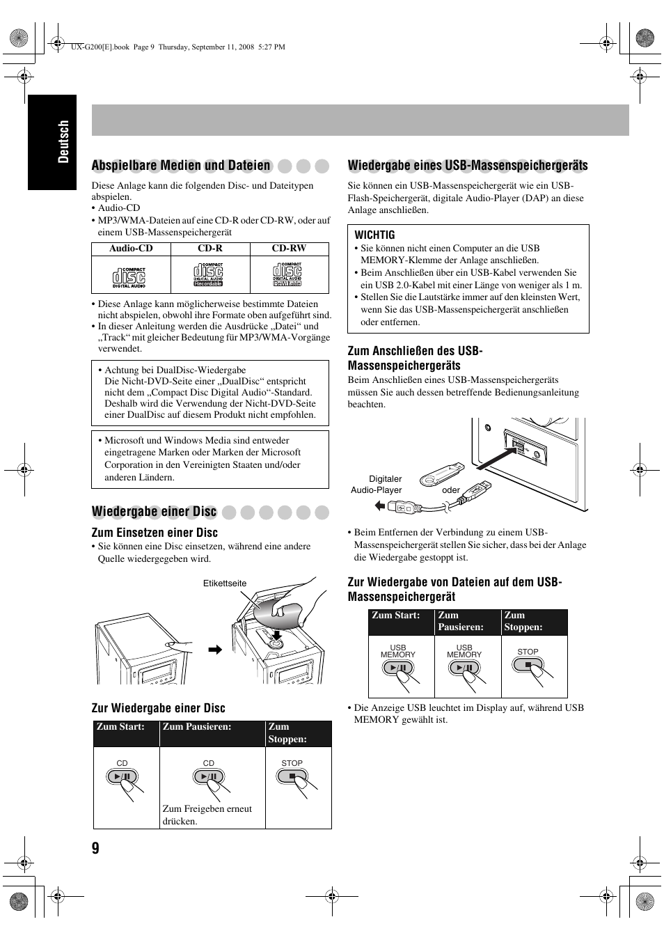 Deutsch abspielbare medien und dateien, Wiedergabe einer disc, Wiedergabe eines usb-massenspeichergeräts | JVC UX-G200 User Manual | Page 14 / 78