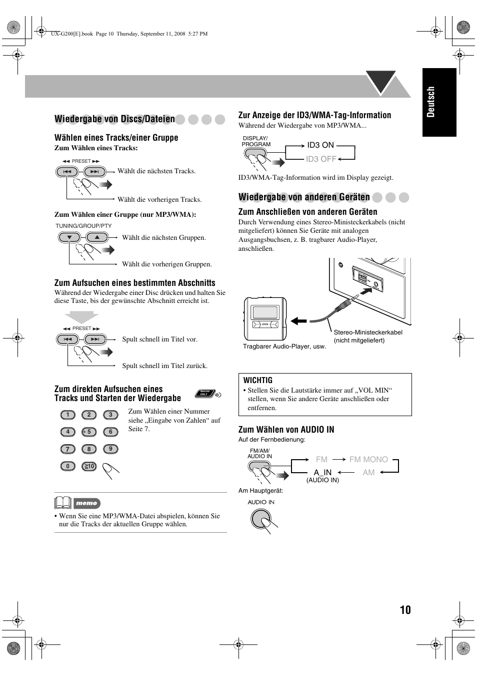 Deutsch wiedergabe von discs/dateien, Wiedergabe von anderen geräten | JVC UX-G200 User Manual | Page 15 / 78