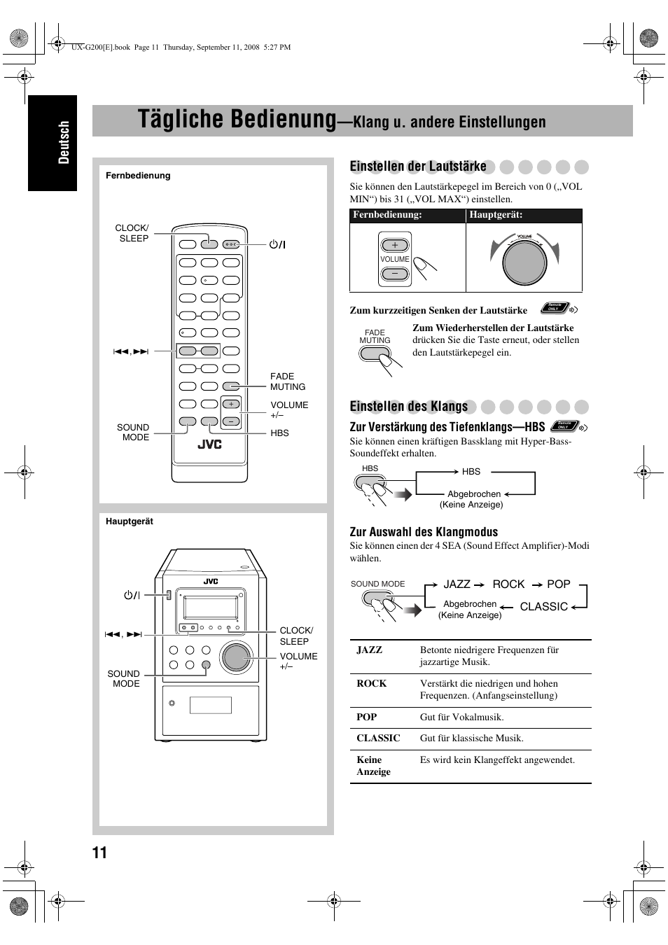 Tägliche bedienung, Klang u. andere einstellungen, Deutsch | Einstellen der lautstärke, Einstellen des klangs | JVC UX-G200 User Manual | Page 16 / 78