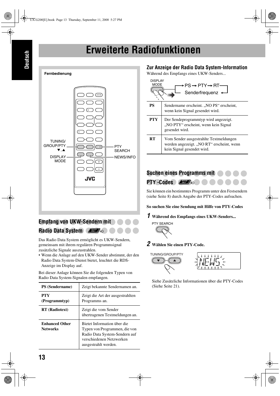 Erweiterte radiofunktionen, Deutsch, Empfang von ukw-sendern mit radio data system | Suchen eines programms mit pty -codes | JVC UX-G200 User Manual | Page 18 / 78