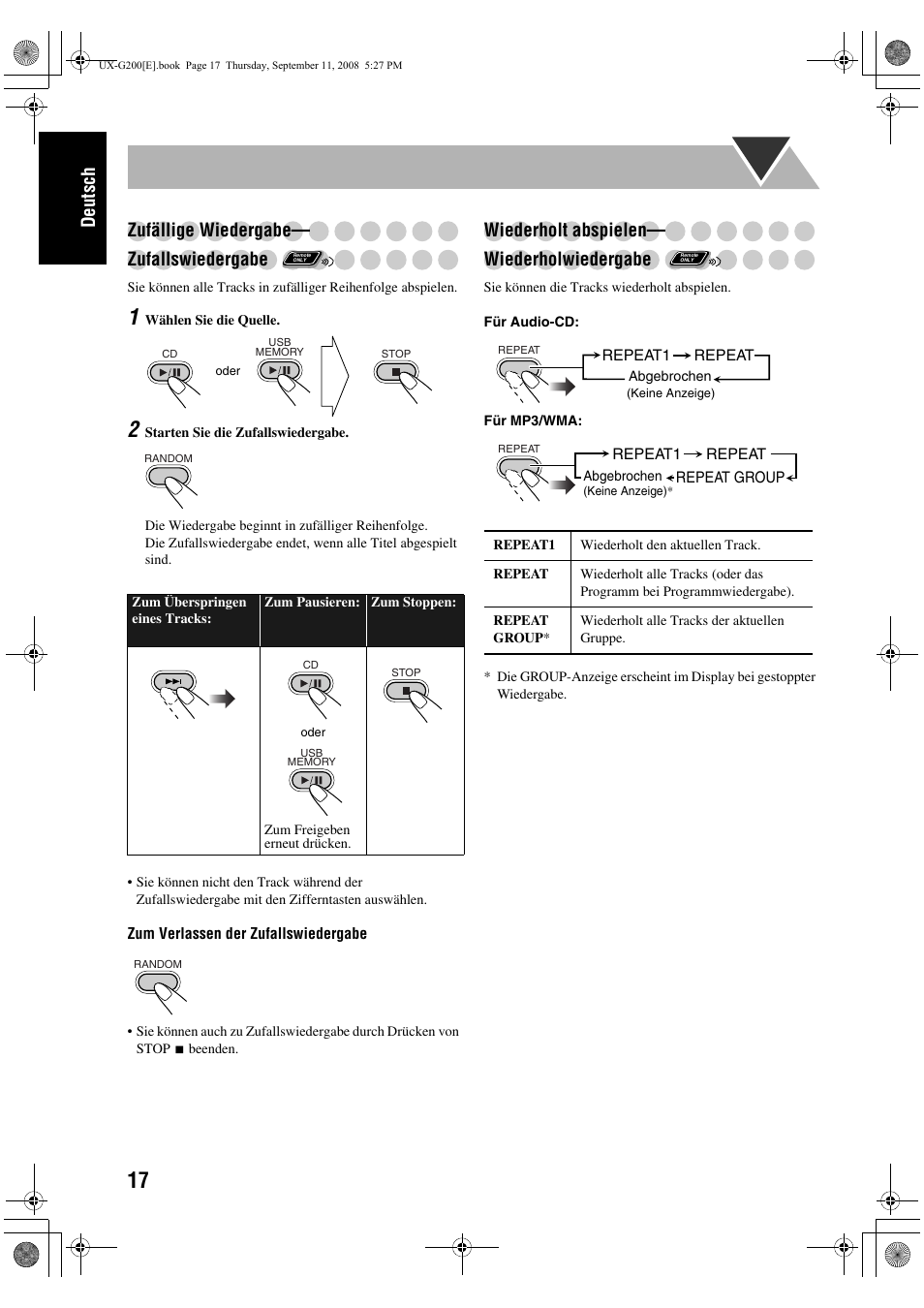 Deutsch zufällige wiedergabe— zufallswiedergabe, Wiederholt abspielen— wiederholwiedergabe | JVC UX-G200 User Manual | Page 22 / 78