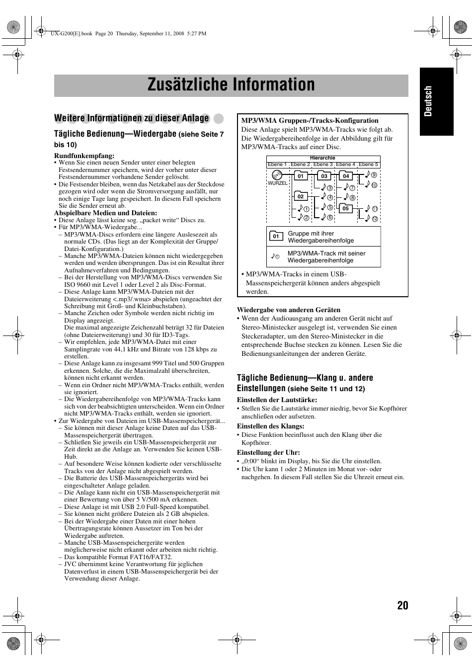 Zusätzliche information, Deutsch, Weitere informationen zu dieser anlage | Tägliche bedienung—wiedergabe, Tägliche bedienung—klang u. andere einstellungen | JVC UX-G200 User Manual | Page 25 / 78