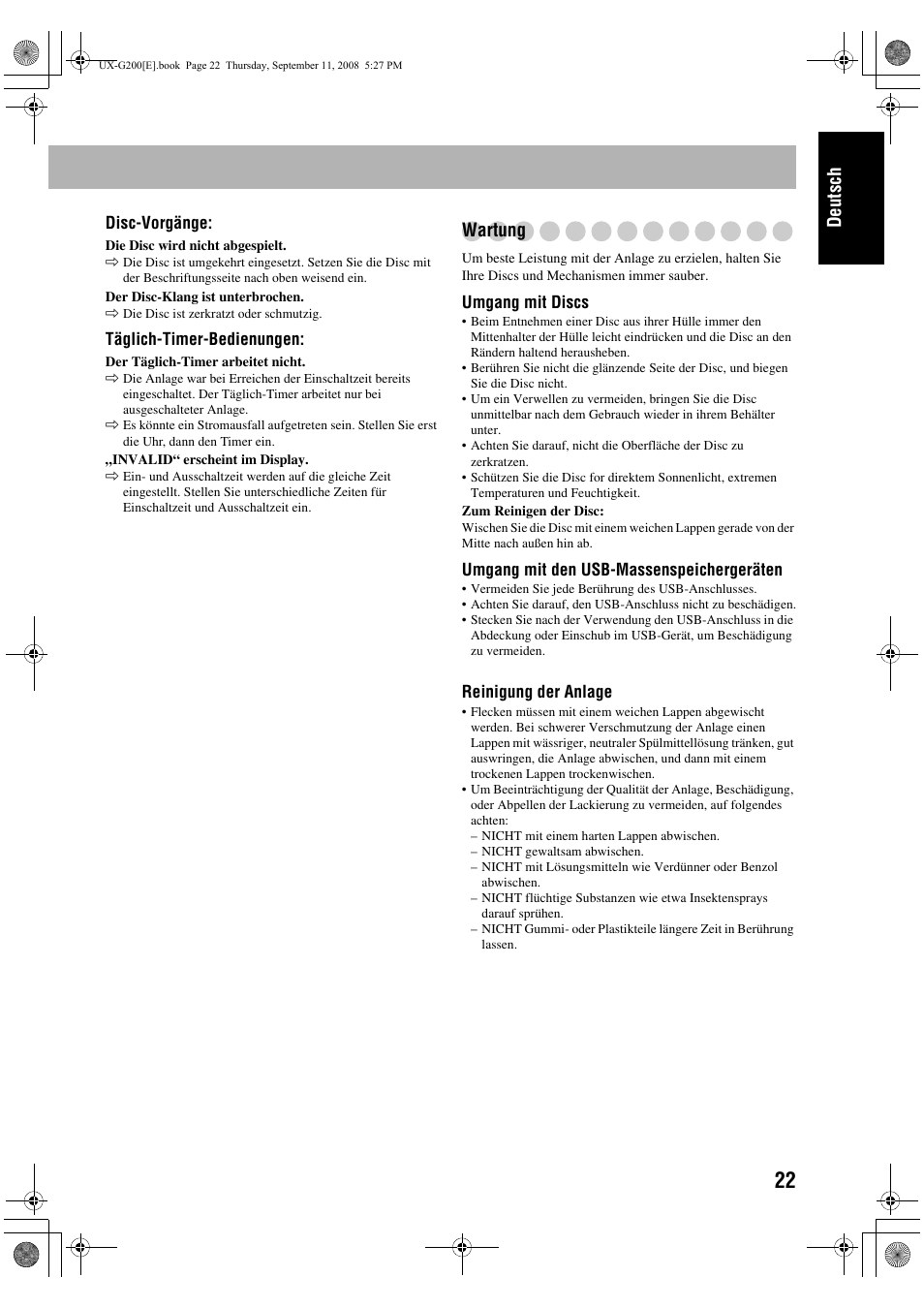 Deutsch, Wartung | JVC UX-G200 User Manual | Page 27 / 78