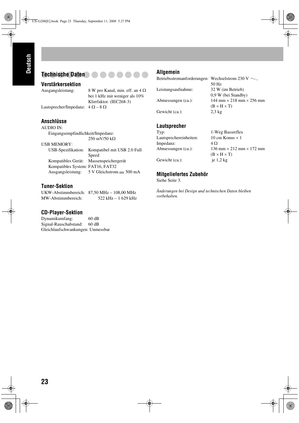 Deutsch technische daten | JVC UX-G200 User Manual | Page 28 / 78