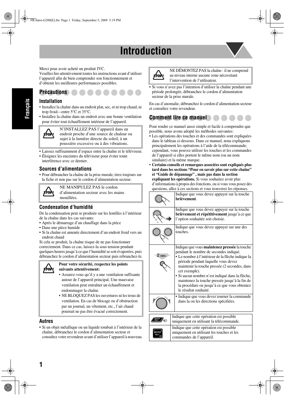 Introduction, Français, Précautions | Comment lire ce manuel | JVC UX-G200 User Manual | Page 30 / 78