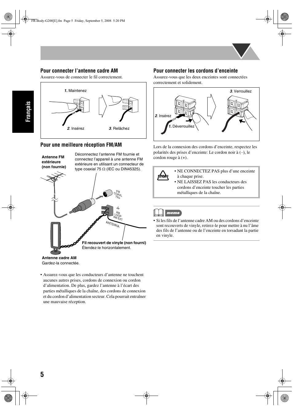 Français, Pour connecter l’antenne cadre am, Pour une meilleure réception fm/am | Pour connecter les cordons d’enceinte | JVC UX-G200 User Manual | Page 34 / 78