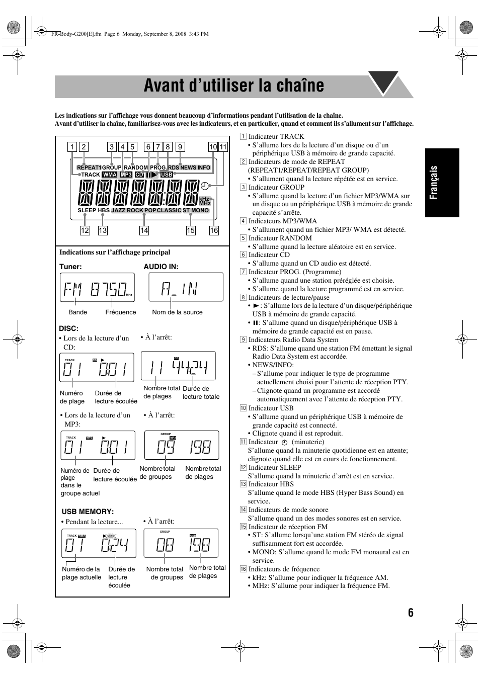 Avant d’utiliser la chaîne, Français | JVC UX-G200 User Manual | Page 35 / 78