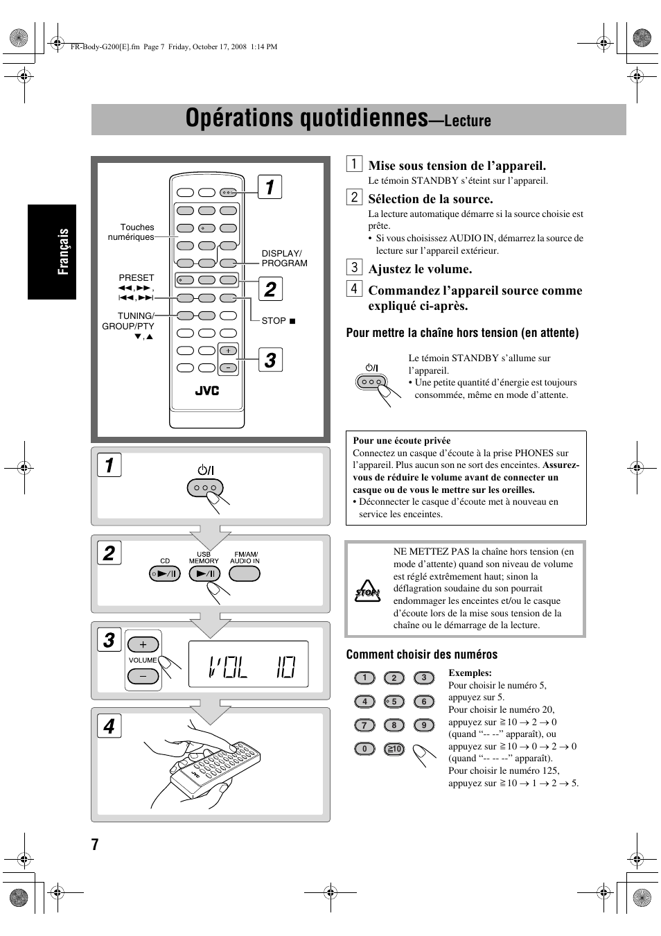 Opérations quotidiennes, Lecture, Français | Mise sous tension de l’appareil, Sélection de la source, Ajustez le volume | JVC UX-G200 User Manual | Page 36 / 78