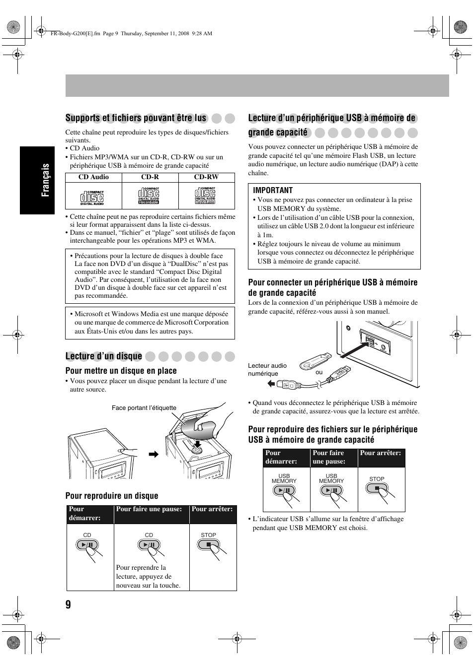 Français supports et fichiers pouvant être lus, Lecture d’un disque | JVC UX-G200 User Manual | Page 38 / 78