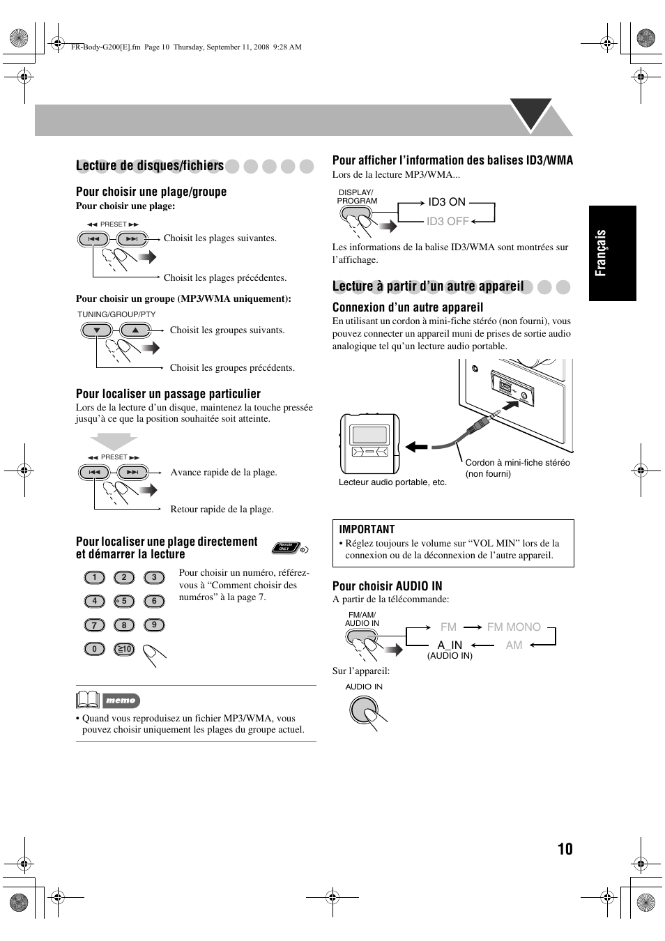 Français lecture de disques/fichiers, Lecture à partir d’un autre appareil | JVC UX-G200 User Manual | Page 39 / 78