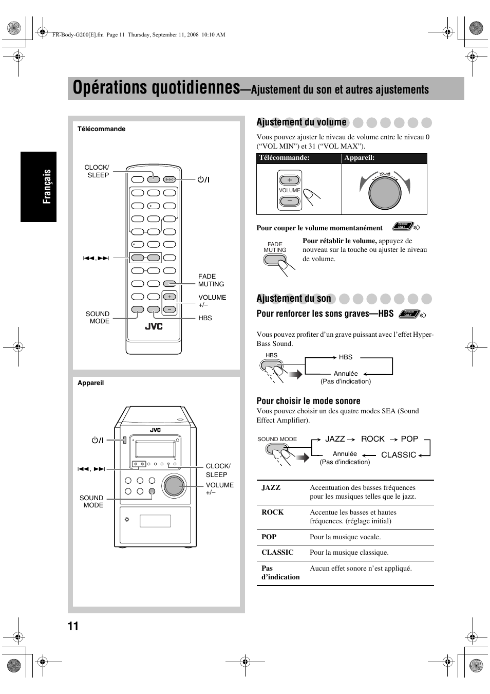 Opérations quotidiennes, Ajustement du son et autres ajustements, Français | Ajustement du volume, Ajustement du son | JVC UX-G200 User Manual | Page 40 / 78