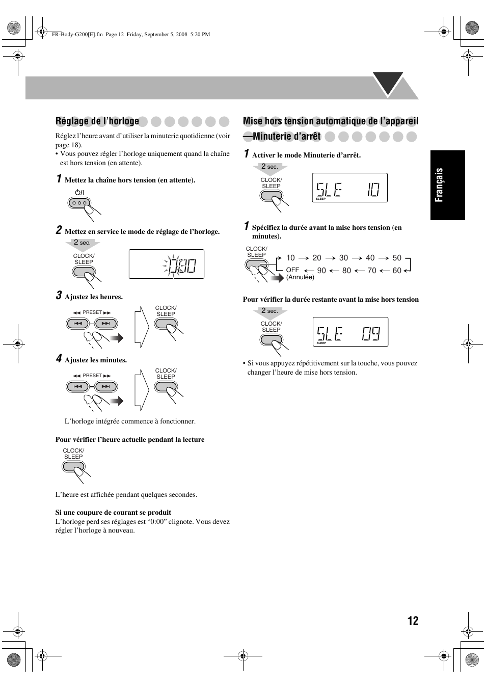 Français réglage de l’horloge | JVC UX-G200 User Manual | Page 41 / 78