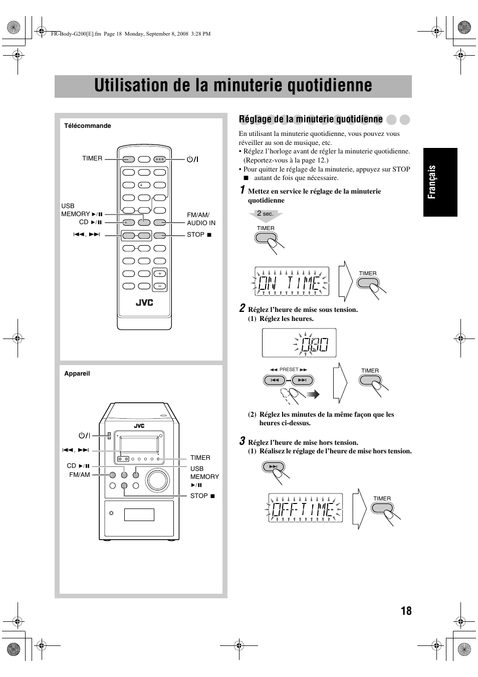 Utilisation de la minuterie quotidienne, Français, Réglage de la minuterie quotidienne | JVC UX-G200 User Manual | Page 47 / 78