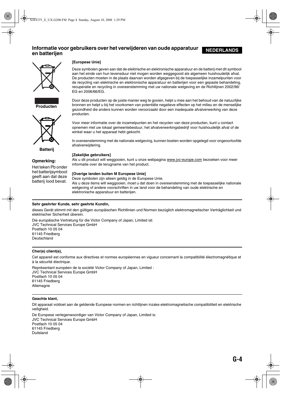 Batterijen | JVC UX-G200 User Manual | Page 5 / 78