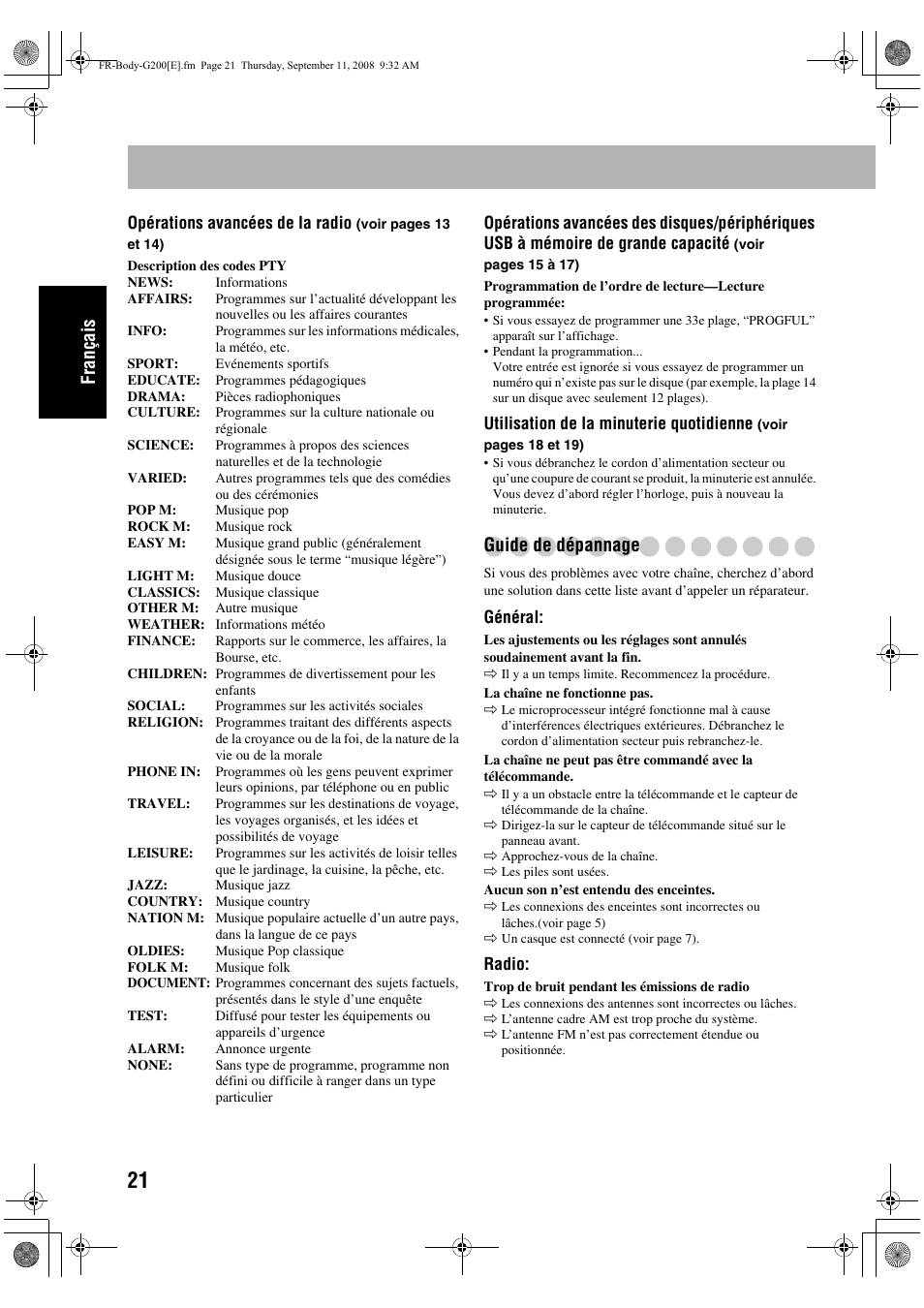 Français, Guide de dépannage | JVC UX-G200 User Manual | Page 50 / 78