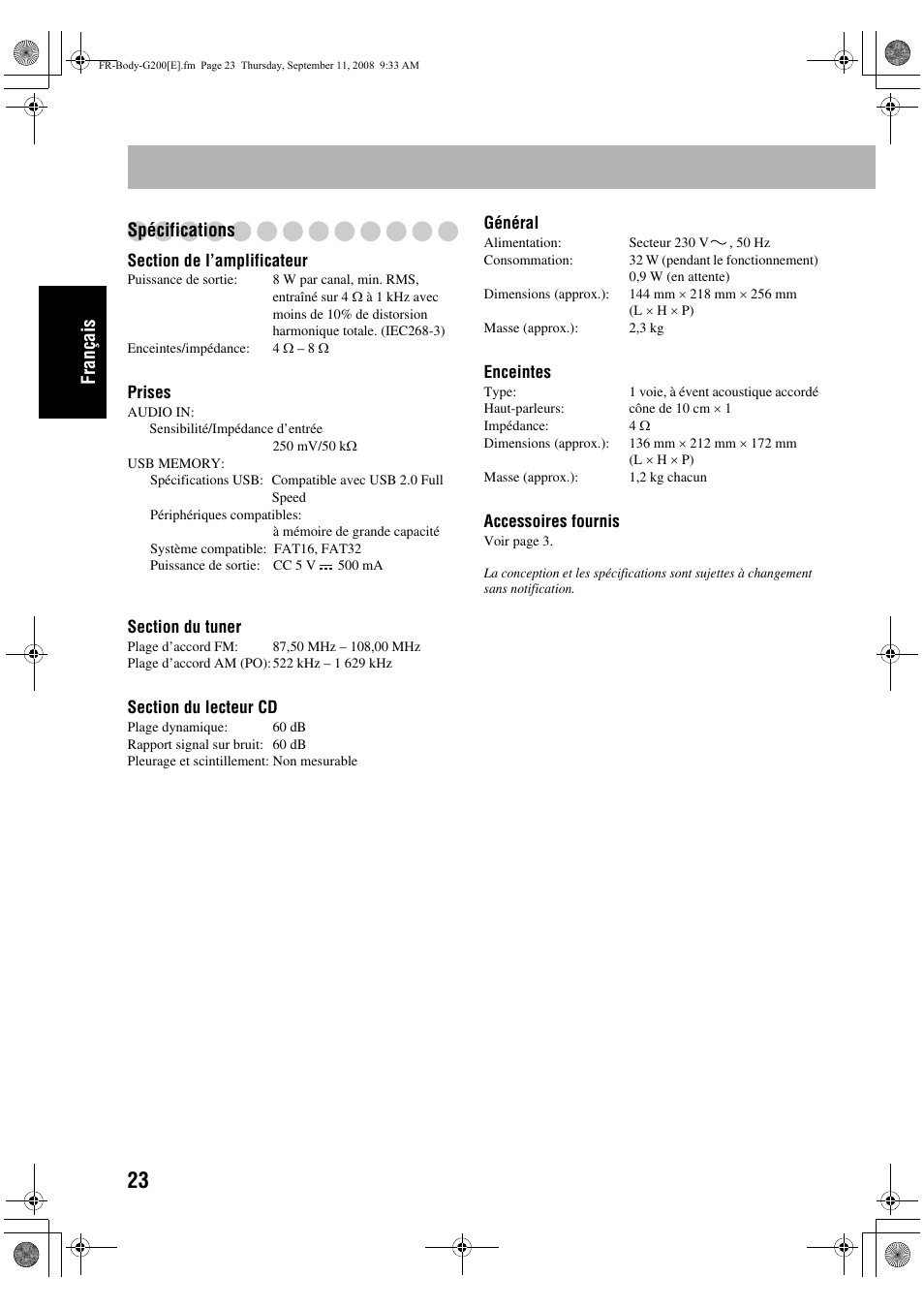 Français spécifications | JVC UX-G200 User Manual | Page 52 / 78