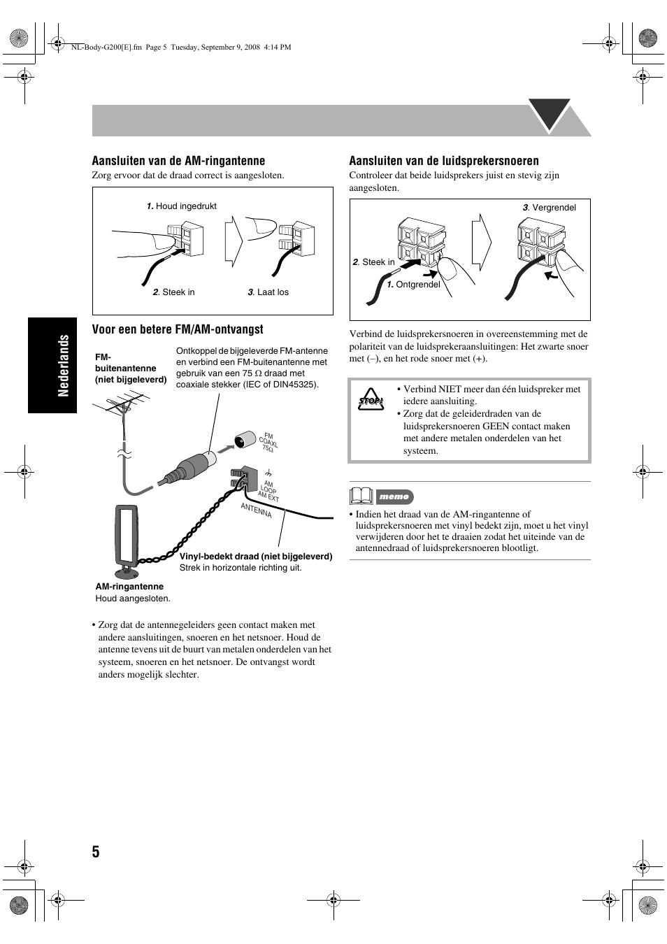 Ne der la nds, Aansluiten van de am-ringantenne, Voor een betere fm/am-ontvangst | Aansluiten van de luidsprekersnoeren | JVC UX-G200 User Manual | Page 58 / 78