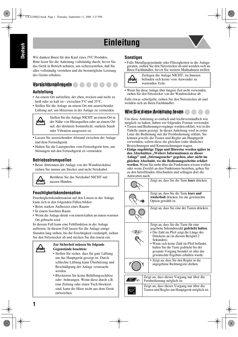 Einleitung, Deutsch, Vorsichtsmaßregeln | Wie sie diese anleitung lesen | JVC UX-G200 User Manual | Page 6 / 78